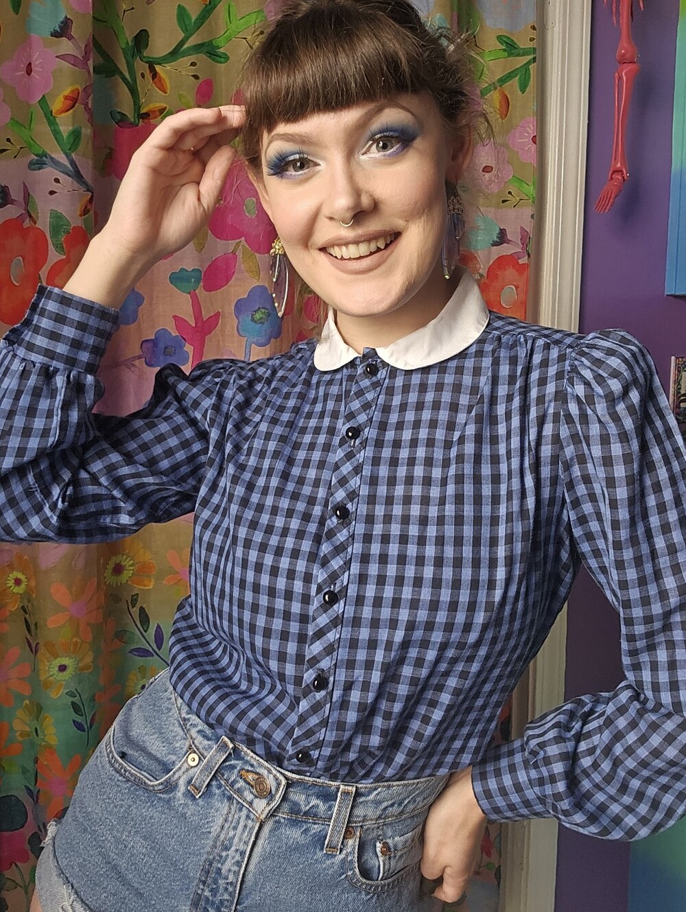 Vintage Peterpan Collar Blue Gingham Country Inspired Button Up Shirt